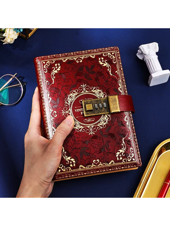 Vintage-Tagebuch mit Schloss im antiken Stil, blaues florales Notizbuch im B6-Format aus Papier - Bild 3