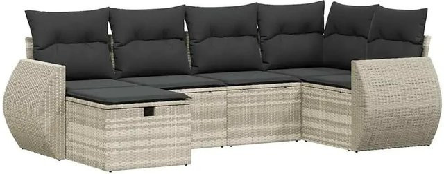 vidaXL 6-tlg Garten-Sofagarnitur in L-Form mit Polsterkissen, Hellgrau, Poly-Rattan und Metallrahmen - Bild 1