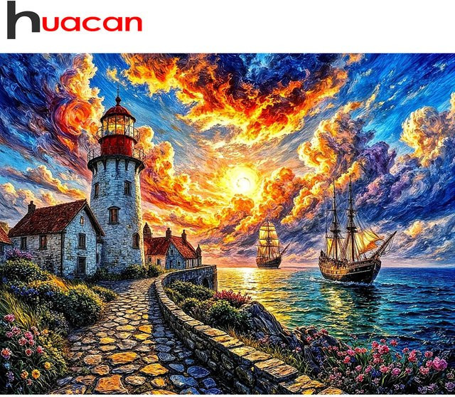 Huacan Diamantmalerei Sonnenuntergang am Meer mit Haus als Dekorative Landschaft mit Diamantmosaik, Mehrfarbig, B/H: 30 x 20 cm - Bild 1