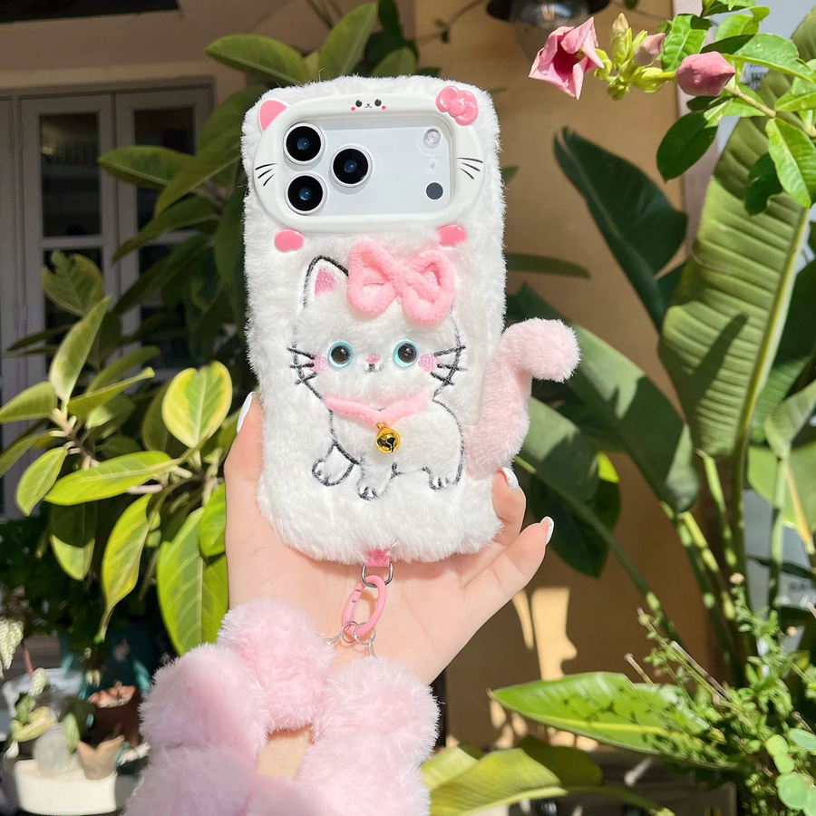 ZHUOHUAN Flauschige Plüsch Handyhülle mit Glocke und Handgelenk-Strap für iPhone 17 16 15 14 13 12 11 Pro Max Plus - Bild 3