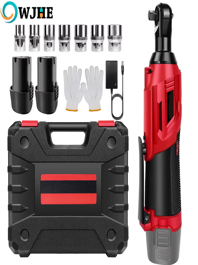 OWJHE Kabelloser elektrischer Ratschenschlüssel 3/8 Zoll, 12V Akku-Ratschenwerkzeug mit 200NM Drehmoment, 90 Grad Winkelschlüssel in Rot inklusive 2x 1300mAh Akkus und 7 Steckdosen - Bild 7