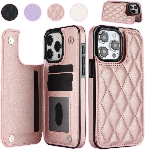 JGG Leder-Handtasche mit Kartensteckplatz und Flip-Verschluss für iPhone 15 Pro Max 14 13 12 11 SE 3 2 XS XR 8 7 Plus in Schwarz und Pink - Bild 1
