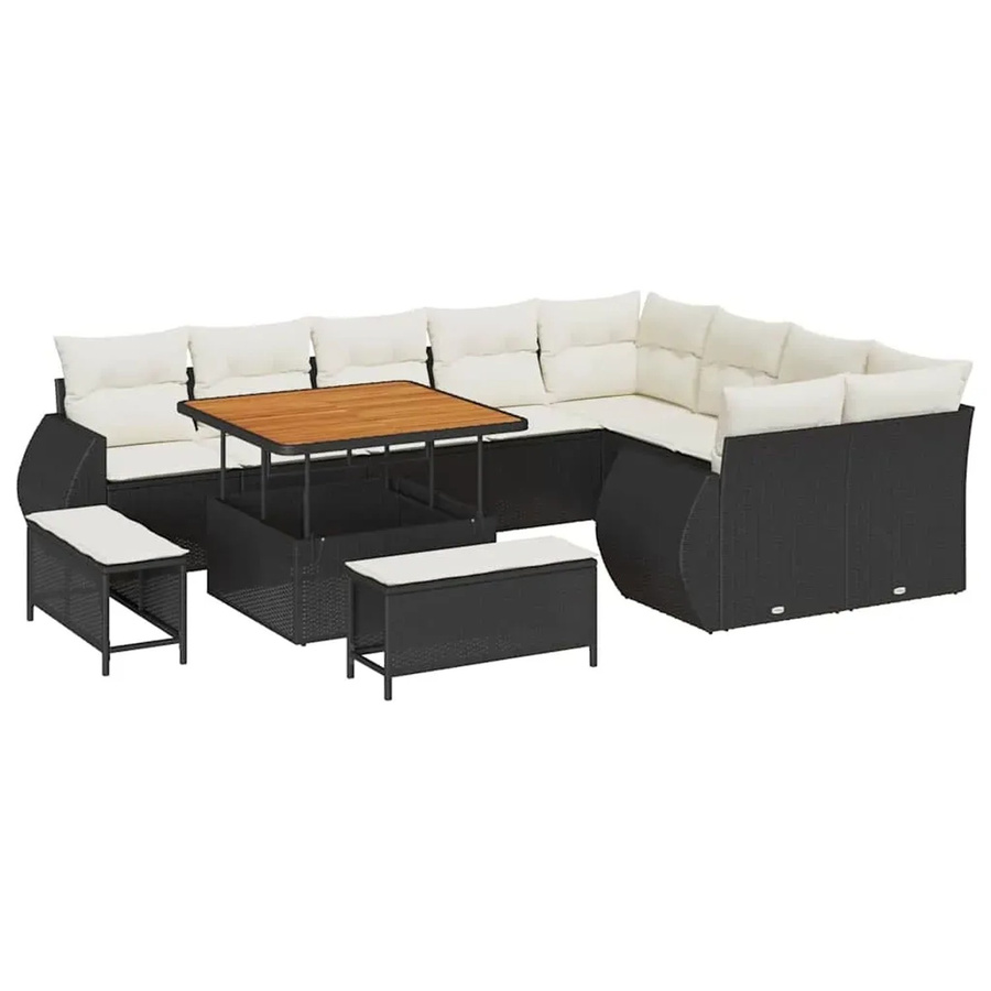 vidaXL Garten-Sofa-Set 12-teilig aus Polyrattan und Akazienholz in Schwarz mit beigen Polstern für Terrasse und Garten - Bild 2