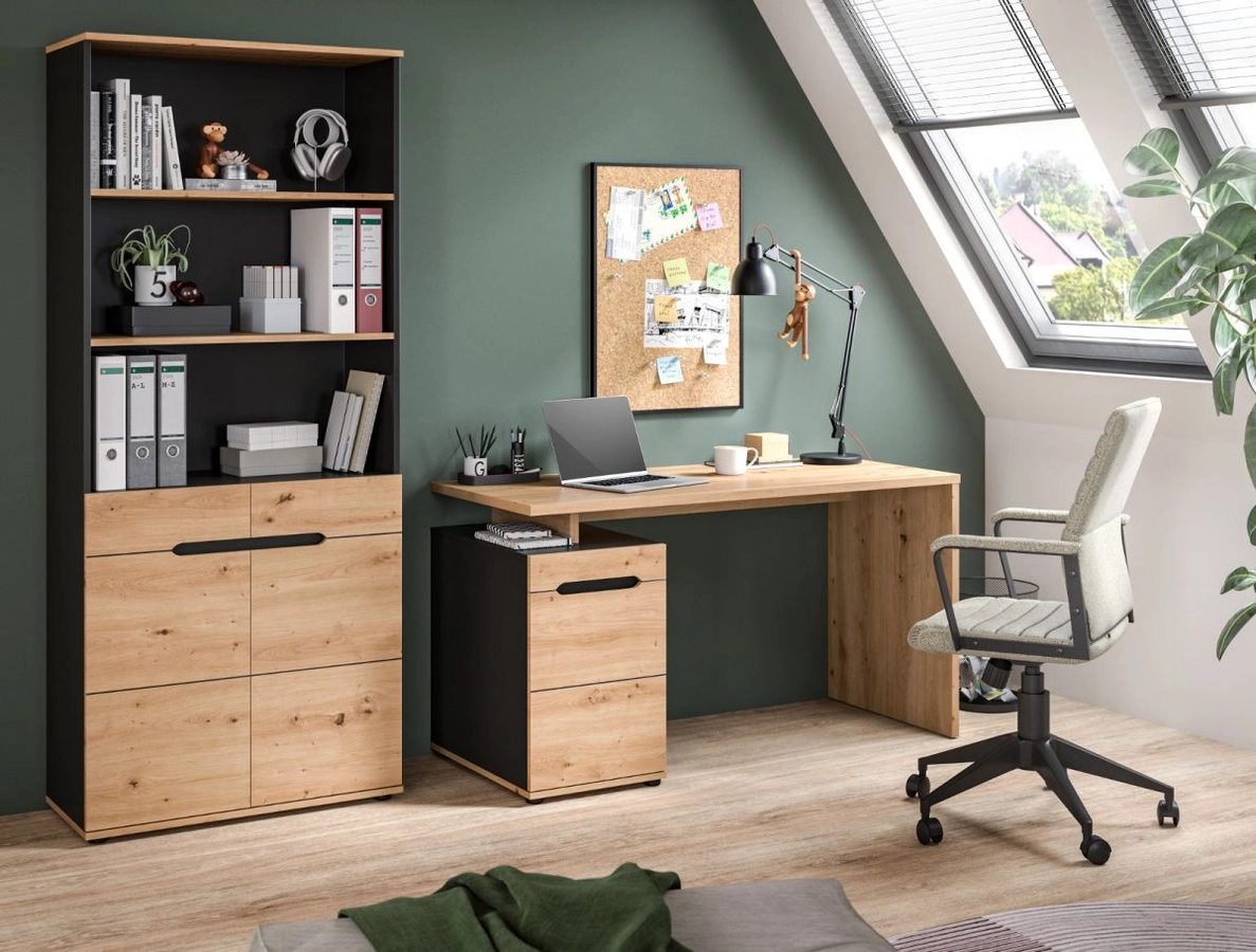 Büroschrank Cooper in Eiche und Grau mit Soft-Close-Türen und offenen Regalfächern, B/H: 80 x 190 cm - Bild 5