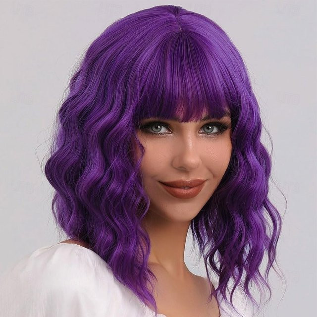 HAIRJOY Kunsthaar-Perücke mit Pony, lila, kurze lockige Bob-Perücke, Damen - Bild 1