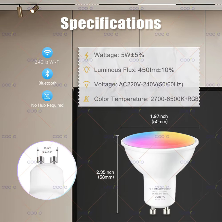 Tuya Smart LED GU10 Glühbirne mit WiFi und Bluetooth, dimmbarer Spotlight in Weiß, kompatibel mit Alexa und Google Assistant - Bild 2