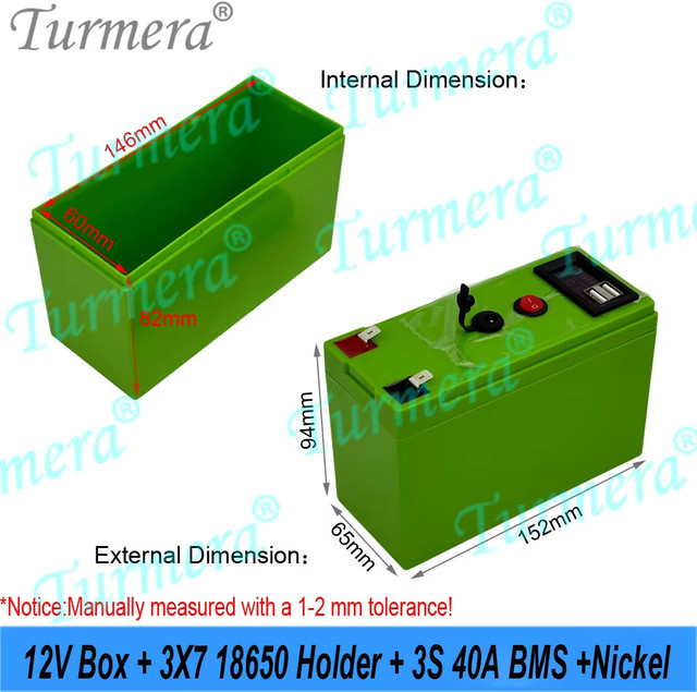Turmera DIY Set 18650 Batteriehalter Box mit 3x7 Zellen, 12V 40A BMS, USB Power Bank und Spannungsanzeige in Grün - Bild 1