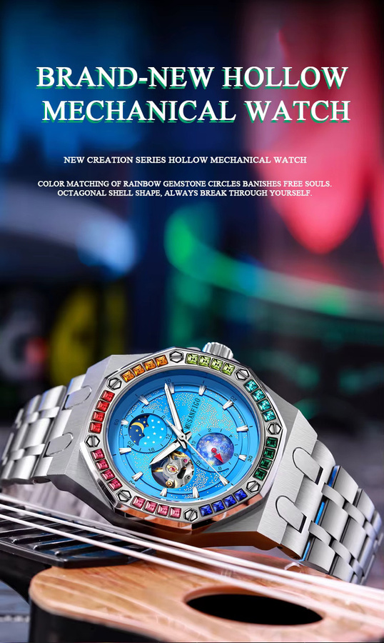 MUSANFIGO Automatik-Armbanduhr Edelstahl, Blau, Diamantbesetzt, Herren - Bild 2