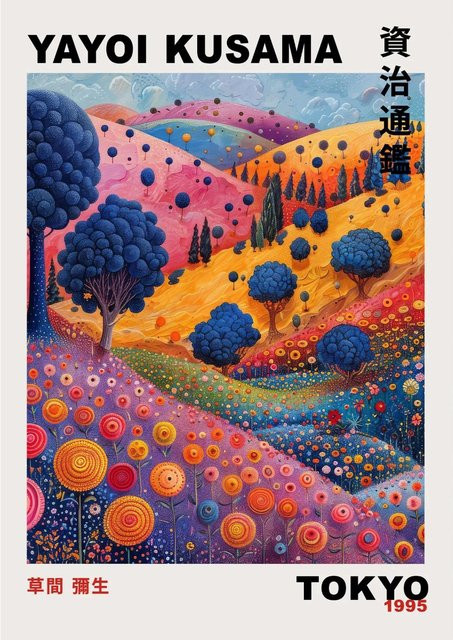 Yayoi Kusama Berge und Flüsse Poster von Potdemiel, Farbenfrohes Wandbild aus Leinwand in Multicolor, Breite: 50 cm, Höhe: 75 cm - Bild 1