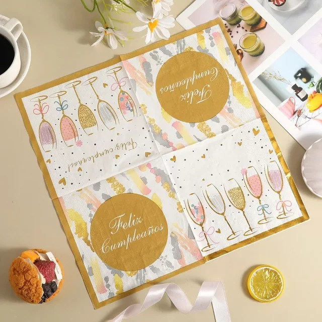 GUANYAO Geburtstag Servietten mit Gold-Prägung Wein-Glas Motiv, 20 Stück, Weiß/Gold, 33 x 33 cm - Bild 1