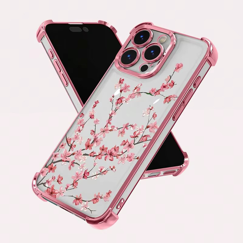 Transparente Handyhülle mit Pflaumenblüten-Design für Apple iPhone 17 bis iPhone 11 Pro Max Plus, silberfarben, weiche Anti-Fall Schutzhülle mit galvanisiertem Airbag - Bild 2