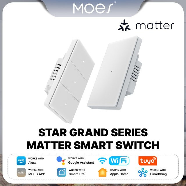 MOES Tuya Star Grand Series Matter WiFi Smart Lichtschalter 10A in Weiß, kompatibel mit Alexa, Google Assistant und Apple HomeKit, benötigt Neutralleiter - Bild 1