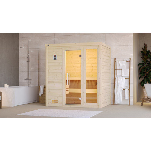 WEKA Massivholzsauna Bergen 1 Sparset für 6 Personen in Braun mit 5,4 kW Ofen und integrierter Steuerung sowie Glastür und Fenster - Bild 2