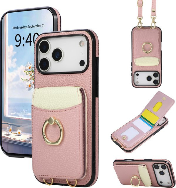 szHAIyu Umhängetasche mit Kartenfach und 360 Grad Ringständer Lederhülle für iPhone in Pink - Bild 1