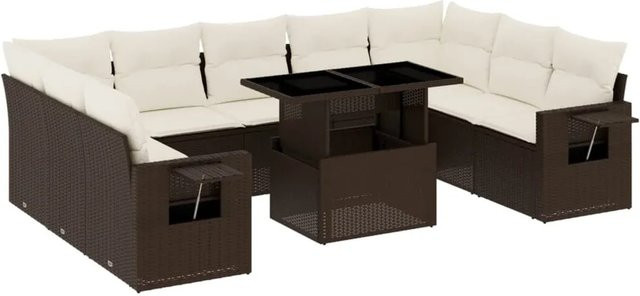 vidaXL 10-tlg. Garten-Sofagarnitur L-Form aus Polyrattan in Braun mit Kissen und Armlehnen - Bild 1