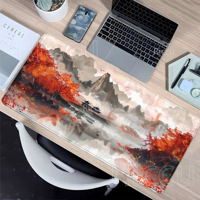 Riccu Gaming-Mauspad mit Ink-Wash Mountain Art Illustration in Multicolour, rutschfeste Schreibtischunterlage mit HD-Druck und Overlock-Rand - Bild 1