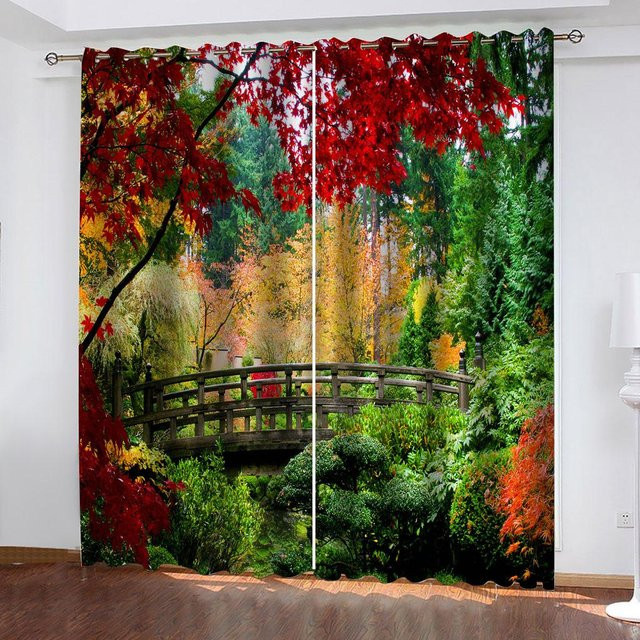 Yiran Furniture Naturgetreue Wald Sonnenuntergang Vorhänge aus Polyester, 2er-Set, Mehrfarbig, B: 50 cm, H: 130 cm - Bild 1