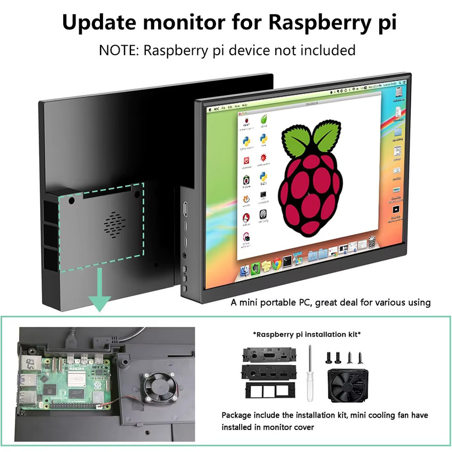 Pisichen 14 Zoll Touchscreen Monitor mit 1920x1200 Auflösung in Schwarz für Raspberry Pi 5 4 3 mit HDMI und USB Schnittstelle - Bild 3