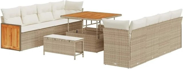 vidaXL Gartensofa-Set in U-Form mit 11-teiligem Polster-Set in Beige, bestehend aus Armsofas, Eckbänken, Mittelsofas, Hockern und Tisch mit Stauraumfunktion und wetterfesten Kissen - Bild 1