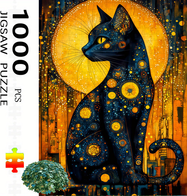 AZNM Van Gogh-inspiriertes schwarzes Katzen- und Sternennacht-Puzzle, 1.000 Teile - Bild 1