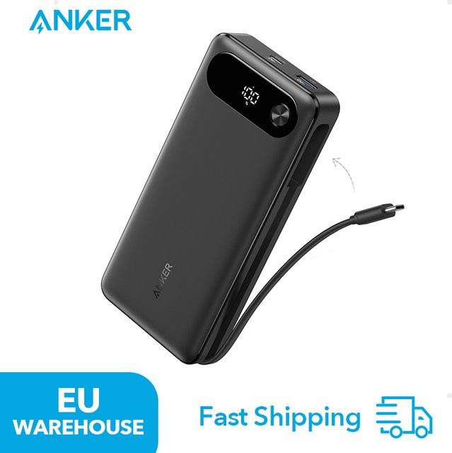 Anker Powerbank mit 20.000mAh Kapazität und integriertem USB-C-Kabel, 87W Schnelllade-Akku in Schwarz mit 2 USB-C und 1 USB-A Anschlüssen - Bild 1