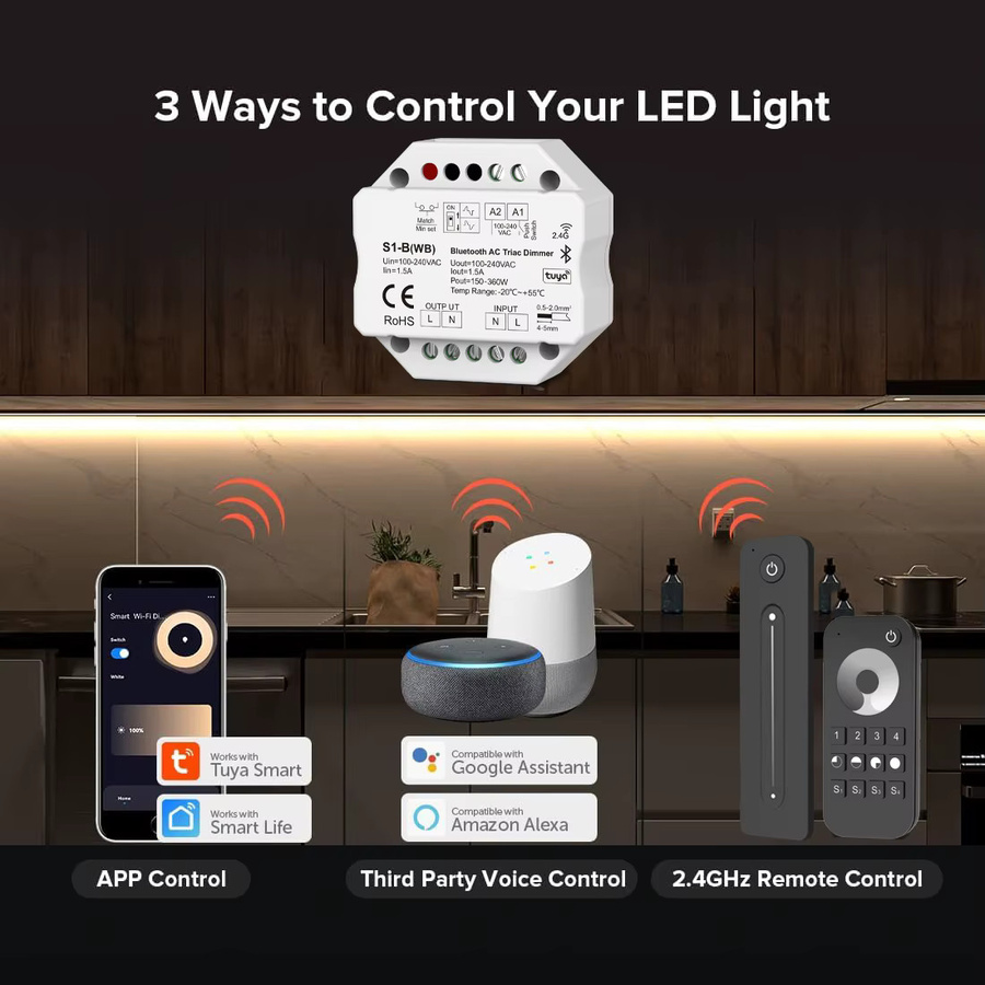 CENFAYA Triac AC Dimmer Lichtschalter mit Push Control, Smart LED Dimmer in Weiß, Steuerung via Tuya App, Bluetooth, Sprache und 2,4G RF Fernbedienung - Bild 2