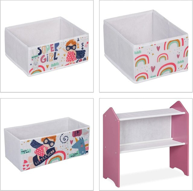 Relaxdays Kinderregal mit Superheldin-Motiv aus MDF Holz und Stoff in Bunt mit 6 Aufbewahrungsboxen, B/H/T: 66 x 63 x 30 cm - Bild 1