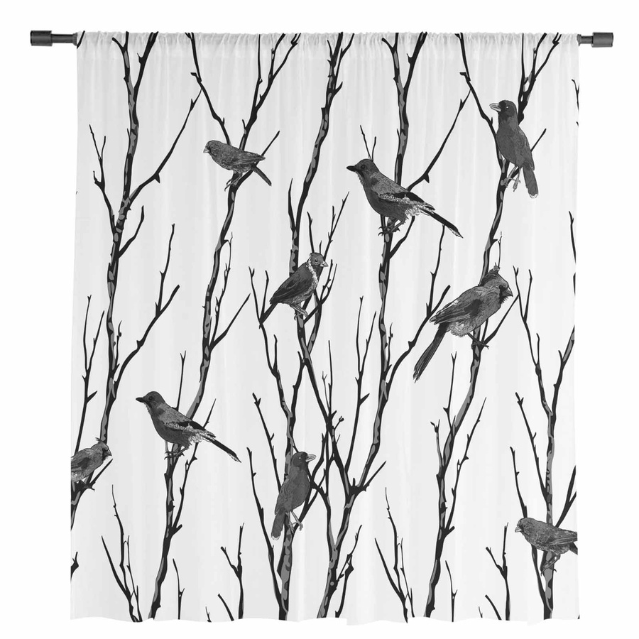 Transparente Voile-Vorhänge mit Vogel-Silhouette in Weiß, Tüll-Organza-Vorhang für Wohnzimmer und Küche, B: 135 cm, H: 115 cm - Bild 3