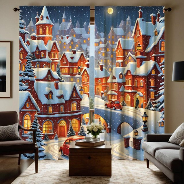 2er-Set Weihnachtsvorhang mit digitalem Weihnachtsburg-Print in Weiß und Braun, B: 132 cm, H: 160 cm - Bild 1