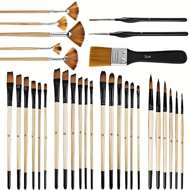 28/32-teiliges Acryl-Pinselset mit Nylonborsten in Mehrfarben, bestehend aus Rund-, Flach-, Fächer-, Winkel- und Detailpinseln - Bild 3