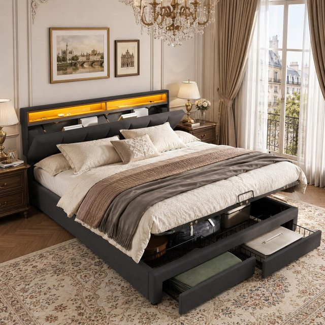 FEEOHOME Polsterbett Grau mit LED, Modernes Doppelbett mit Stauraum durch Schubladen und Hydraulik sowie Kopfteil, B/T: 180 x 200 cm - Bild 1