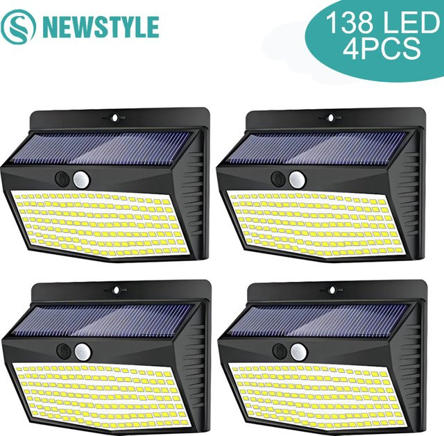 4er-Set Solar Wandleuchten mit 138 LED und Bewegungssensor, Wasserdichte Outdoor Solar Gartenlampen in Schwarz mit warmweißem Licht - Bild 1