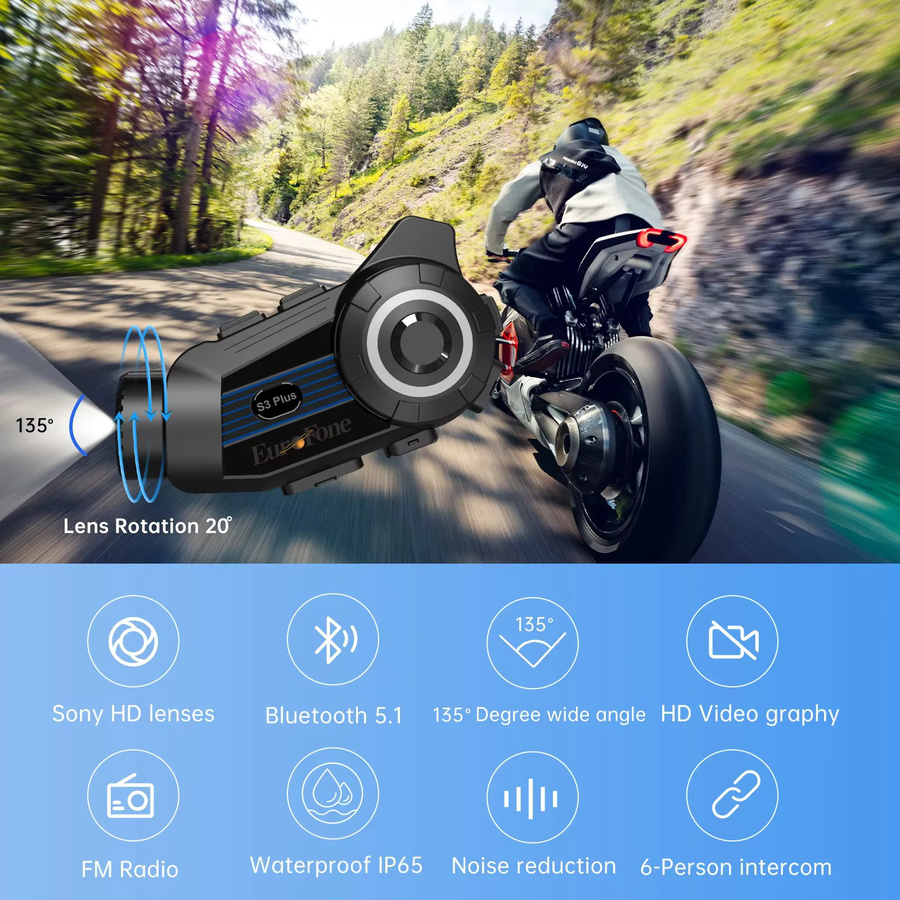 Eurofone S3 Plus Motorrad Bluetooth Headset Intercom mit 2K Video Recorder DVR, wasserdicht, Farbe: Schwarz - Bild 2