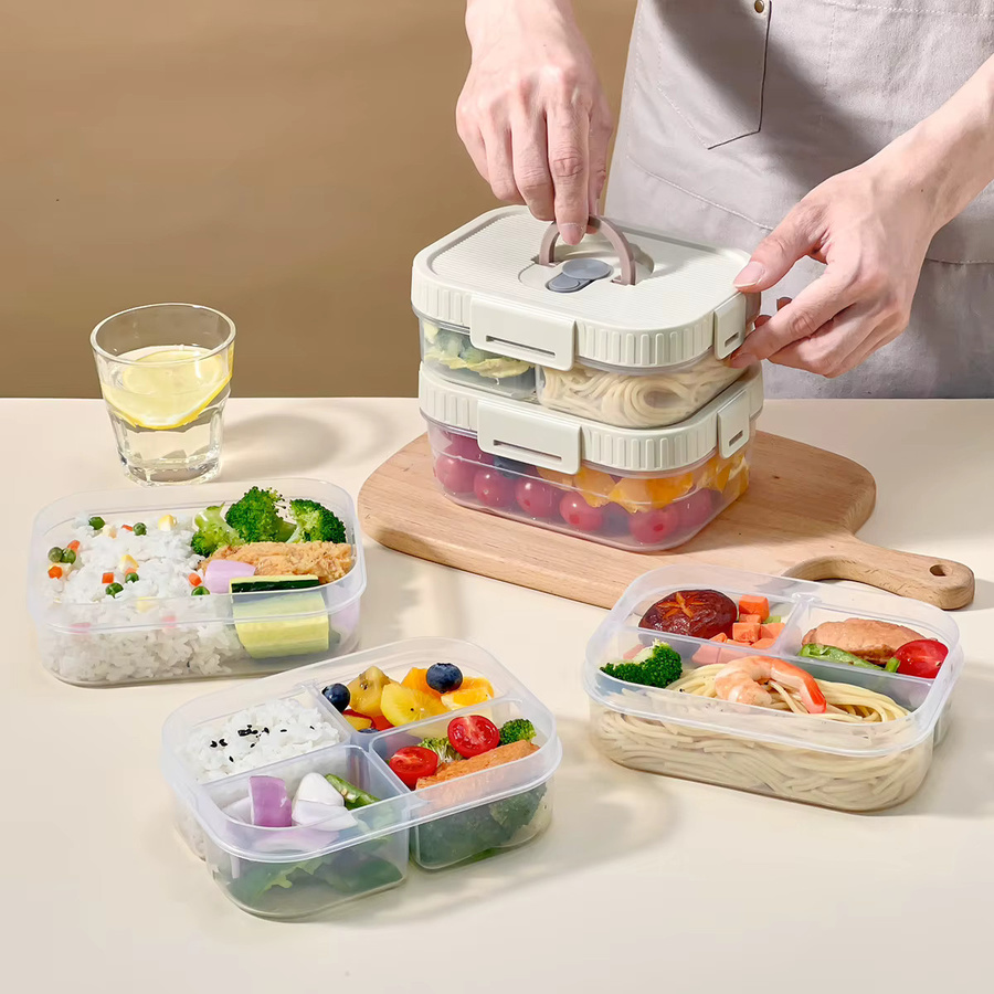 WORTHBUY Bento-Box Lunchbox mit durchsichtigem Kunststofffach in Lila, mikrowellengeeignet und tragbar mit Griff - Bild 2