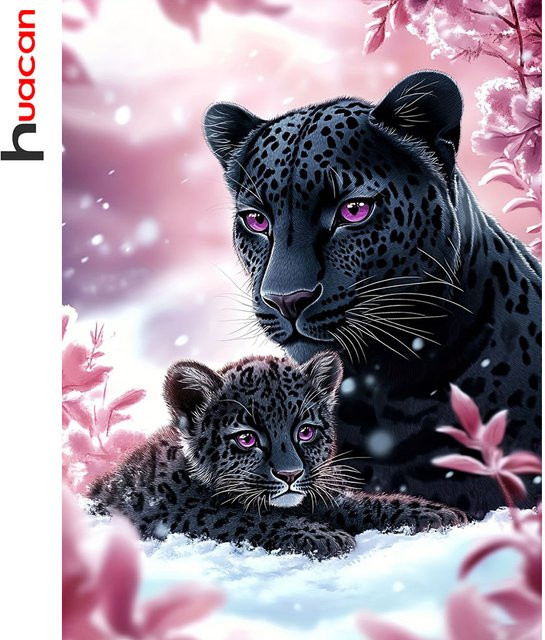 Huacan DIY Diamond Painting Schnee Landschaft mit Leopard als Rundes Mosaik Kunstbild in Mehrfarbig, Durchmesser: 30 cm, Breite: 30 cm, Höhe: 30 cm - Bild 1
