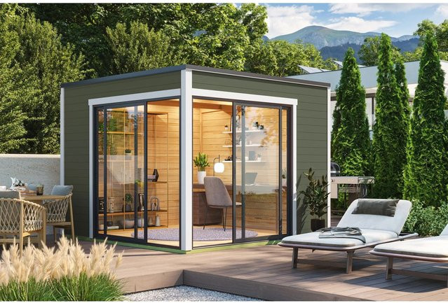Lasita Blockbohlenhaus Palermo Gartenhaus mit Flachdach in Grau-Grün lasiert, B/T/H: 300 x 239,4 x 300 cm - Bild 1