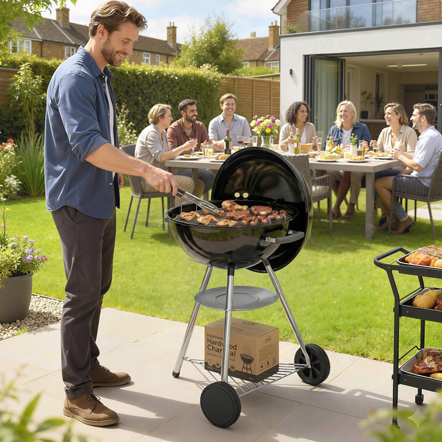 Outsunny Rundkohlegrill Schwarz mit Deckel, Thermometer und Rädern, Rost Ø 53,5 cm - Bild 2