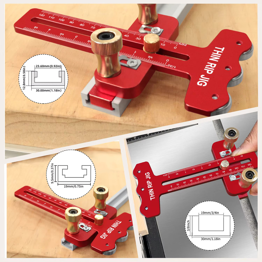 FNICEL Rip-Tischsägenlehre für schmale Streifenschnitte mit 3 Riemenscheiben und Push-Stick-Set in Rot - Bild 4