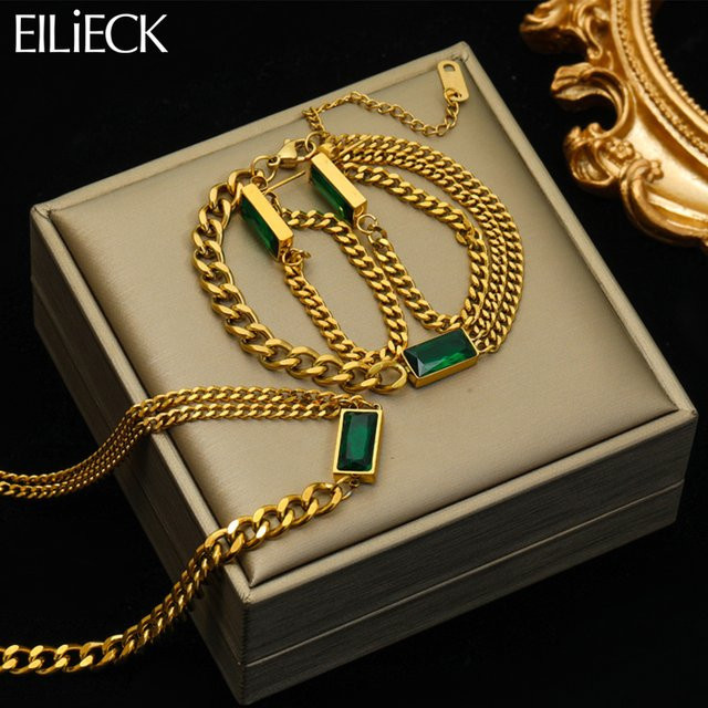 EILIECK Schmuck-Set, Edelstahl, Grün, Kristall, Damen - Bild 1