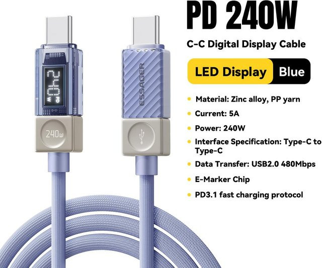 Essager USB C zu USB C Schnellladekabel mit Digitalanzeige, 240W PD Kabel, Blau, Länge: 1 m - Bild 1