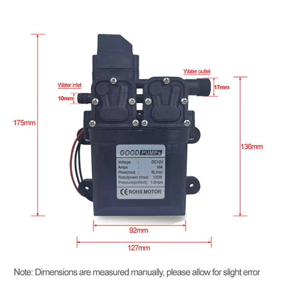 xmshxltd Hochdruck-Membranwasserpumpe mit Automatik, 12V DC, 120W, 8L/Min, selbstansaugend - Bild 2