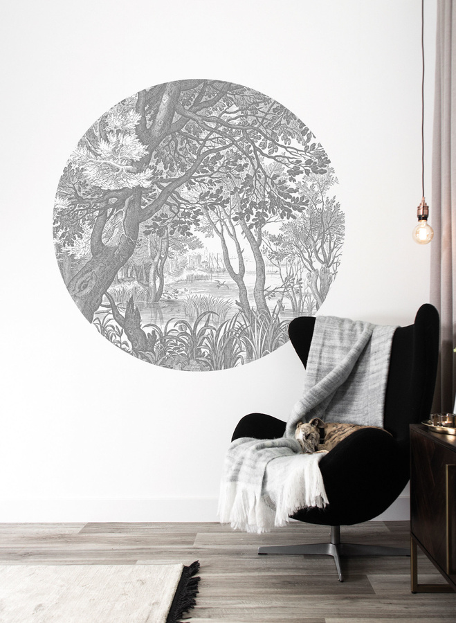 KEK Amsterdam Mural Engraved Landscapes 4 Circle Wandbild, Schwarz-Weiß-Grau, Durchmesser: 142,5 cm - Bild 1