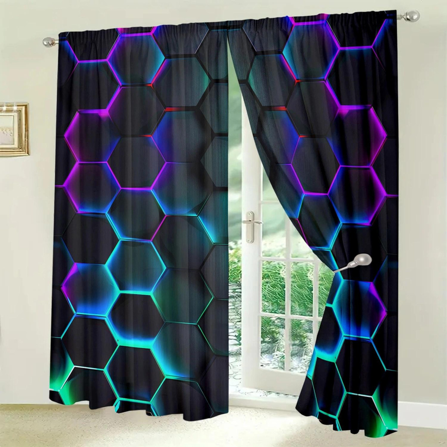 Futurismus Sechseckige Kunst Vorhang Set mit Stangentasche, halbtransparent, Mehrfarbig, B: 52,5 cm, H: 116 cm, 2 Stück - Bild 3