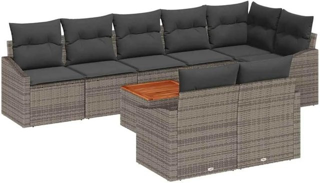 vidaXL Garten-Sofa-Set 9-tlg. aus Poly-Rattan und Akazienholz in Grau mit Kissen - Bild 1