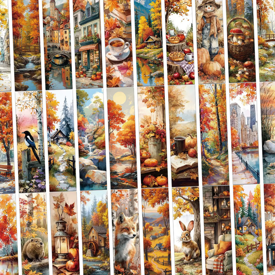 30 Stück Retro Herbst Lesezeichen Set aus Papier mit Berg Dorf Fluss und goldenem Ahornblatt in Gold und Multicolour - Bild 2