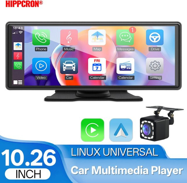 Hippcron Auto-HD-Bildschirm mit kabellosem CarPlay und Android Auto, tragbarer Multimedia-Player für dein Auto, Schwarz, 10,26 Zoll - Bild 1