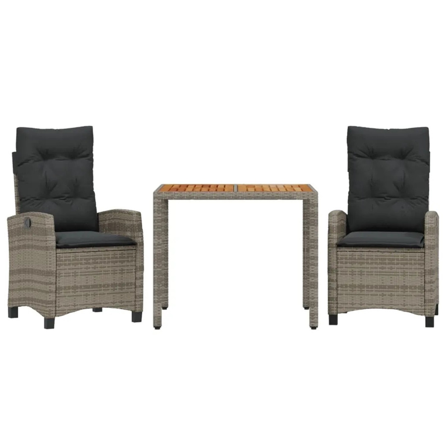 vidaXL 3-teilige Garten-Essgruppe aus Akazienholz und grauem PE-Rattan mit Kissen, B/T/H: 93 x 66 x 66 cm - Bild 2