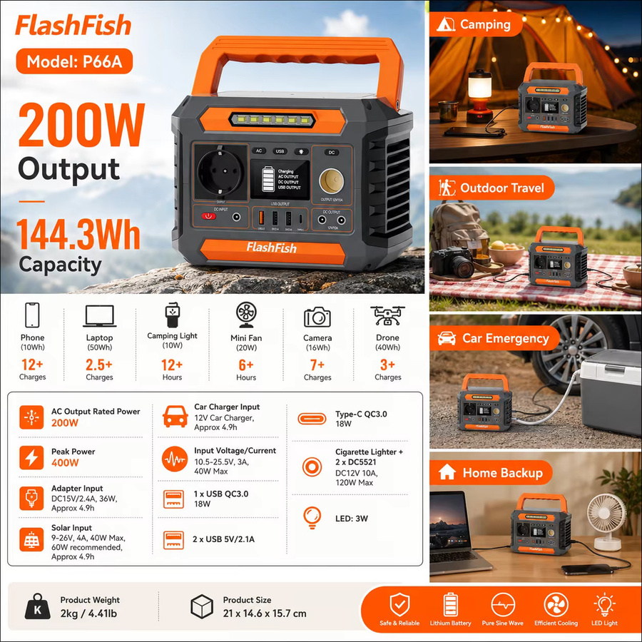 Tragbare Powerstation FlashFish P66A Mini-Solargenerator 200W 144,3Wh in Schwarz für Camping und Outdoor-Reisen - Bild 2