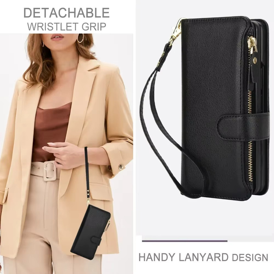 Samsung Umhängetasche aus Lanyard-Leder für Galaxy Z Fold 3, 4, 5, 6, 7 in Braun mit Armband, Kartenhalter und Brieftasche - Bild 3