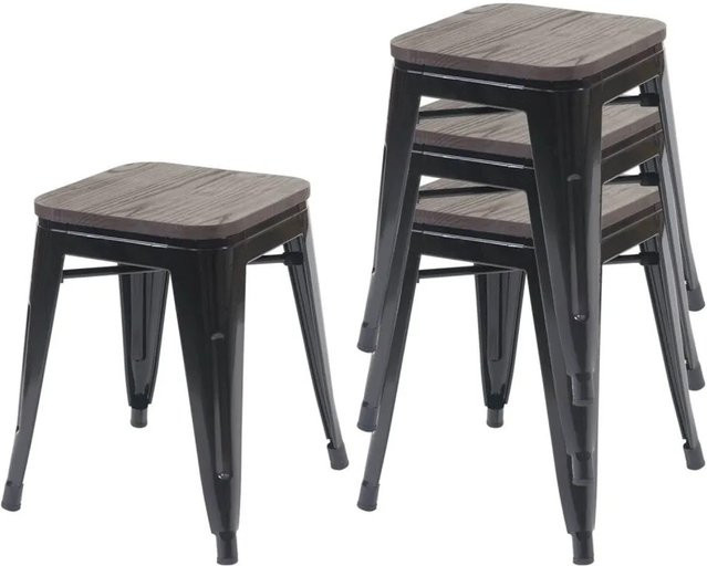 4er-Set MCW Hocker A73 im Industriedesign mit Holz-Sitzfläche aus Ulme und Metallgestell, schwarz, stapelbar - Bild 2